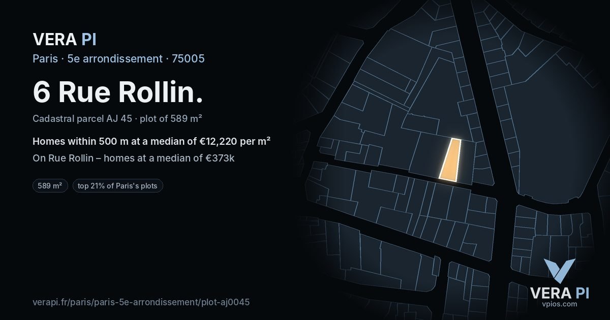 6 Rue Rollin, 5e arrondissement at night – the plot lit, the parcels around coloured by the prices near them