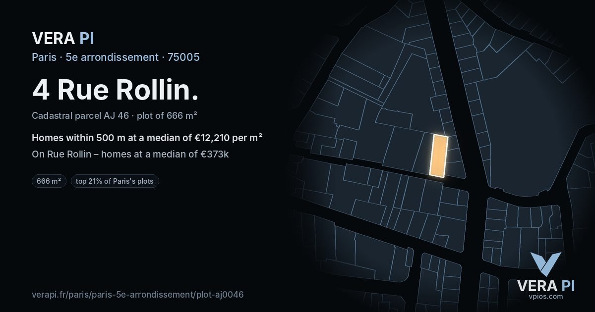 4 Rue Rollin, 5e arrondissement at night – the plot lit, the parcels around coloured by the prices near them