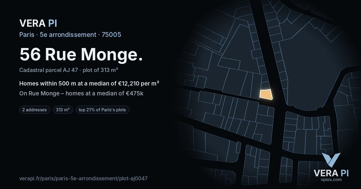 56 Rue Monge, 5e arrondissement at night – the plot lit, the parcels around coloured by the prices near them