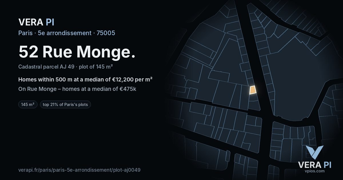 52 Rue Monge, 5e arrondissement at night – the plot lit, the parcels around coloured by the prices near them