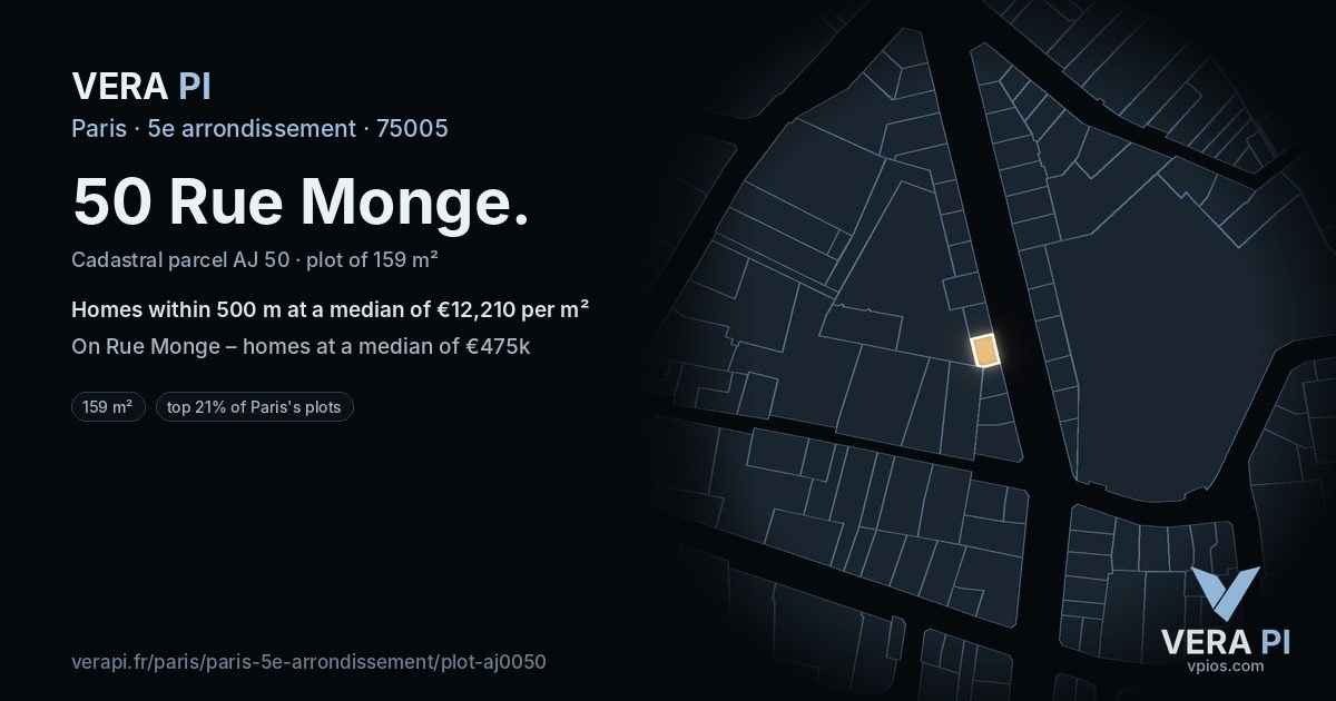 50 Rue Monge, 5e arrondissement at night – the plot lit, the parcels around coloured by the prices near them