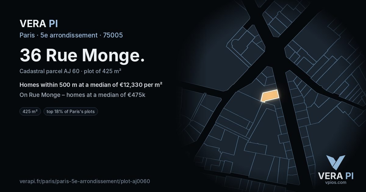 36 Rue Monge, 5e arrondissement at night – the plot lit, the parcels around coloured by the prices near them