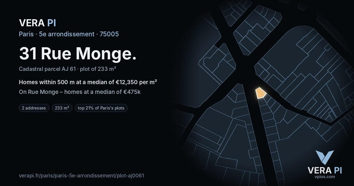 31 Rue Monge, 5e arrondissement at night – the plot lit, the parcels around coloured by the prices near them