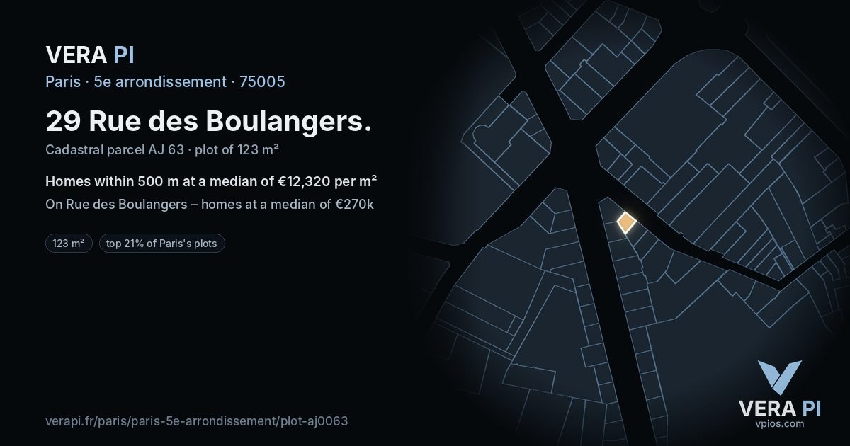 29 Rue des Boulangers, 5e arrondissement at night – the plot lit, the parcels around coloured by the prices near them