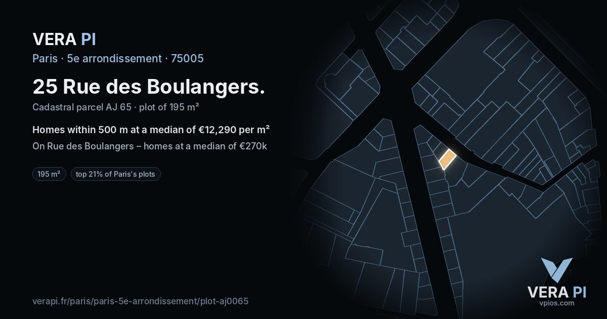 25 Rue des Boulangers, 5e arrondissement at night – the plot lit, the parcels around coloured by the prices near them