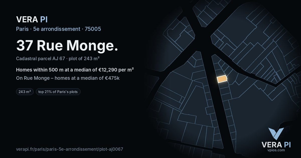 37 Rue Monge, 5e arrondissement at night – the plot lit, the parcels around coloured by the prices near them