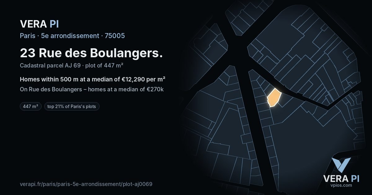 23 Rue des Boulangers, 5e arrondissement at night – the plot lit, the parcels around coloured by the prices near them
