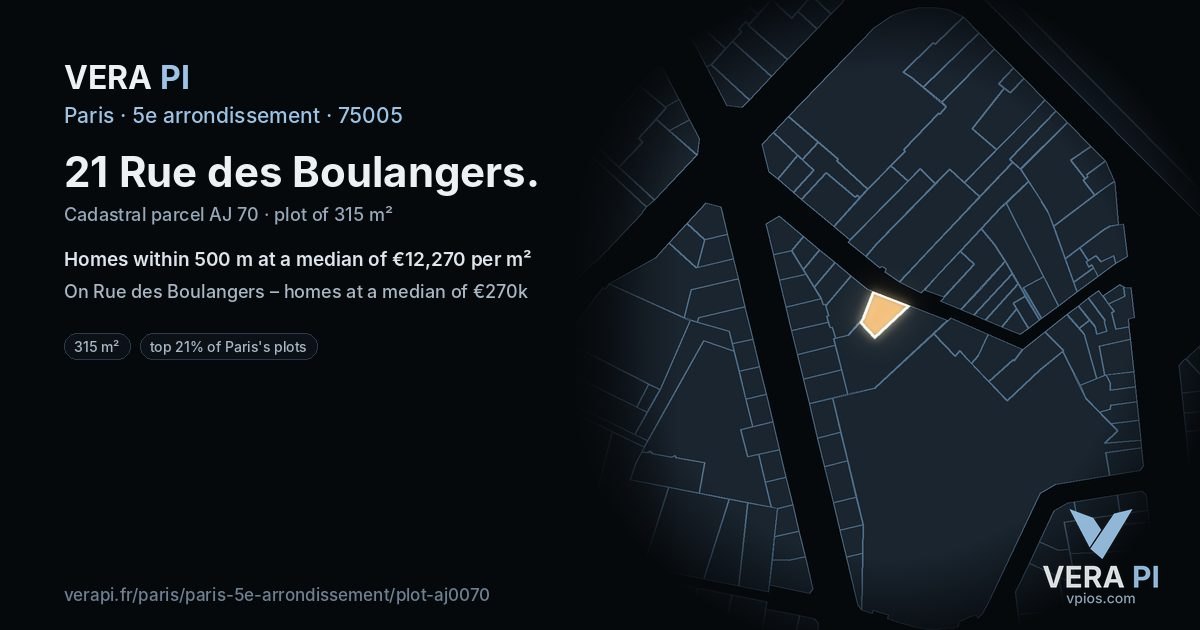 21 Rue des Boulangers, 5e arrondissement at night – the plot lit, the parcels around coloured by the prices near them