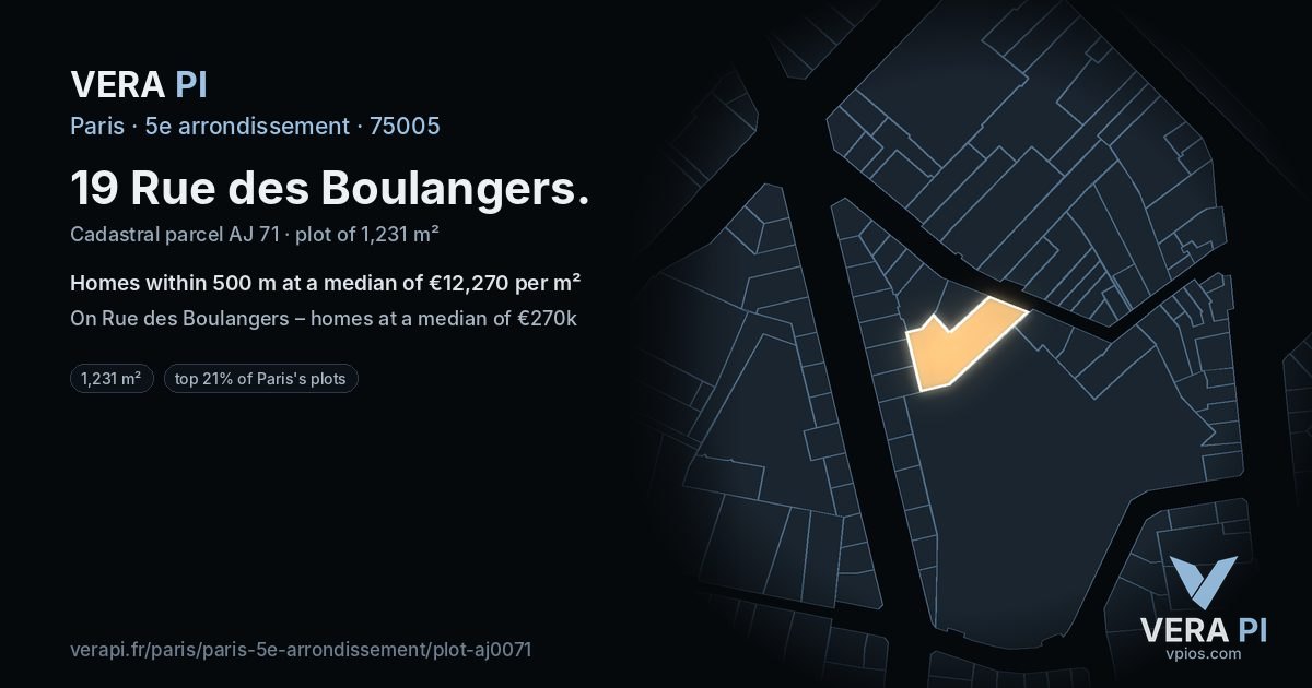 19 Rue des Boulangers, 5e arrondissement at night – the plot lit, the parcels around coloured by the prices near them