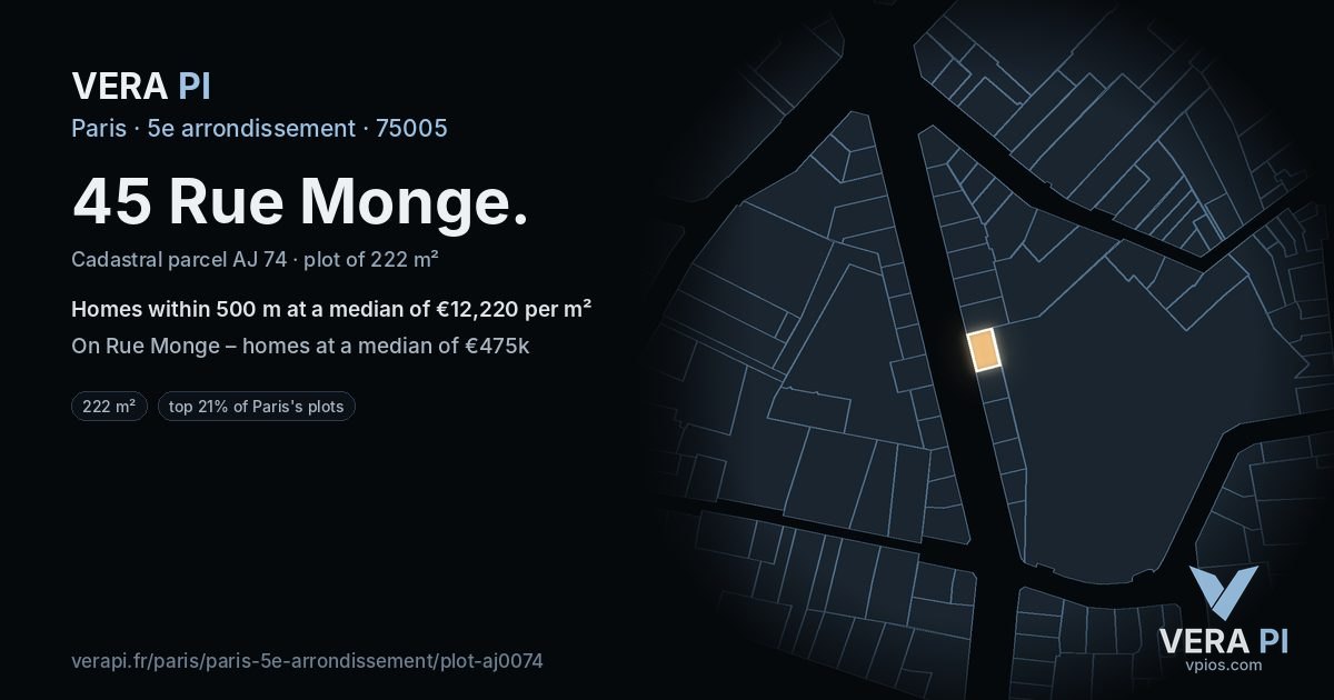 45 Rue Monge, 5e arrondissement at night – the plot lit, the parcels around coloured by the prices near them