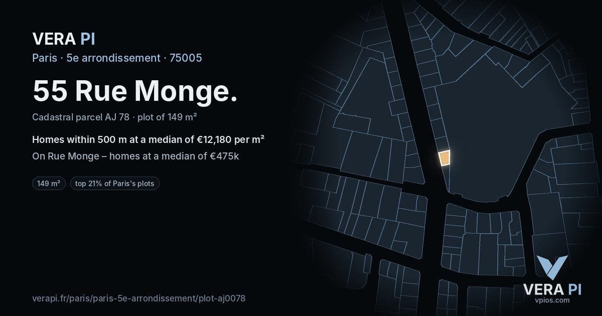 55 Rue Monge, 5e arrondissement at night – the plot lit, the parcels around coloured by the prices near them