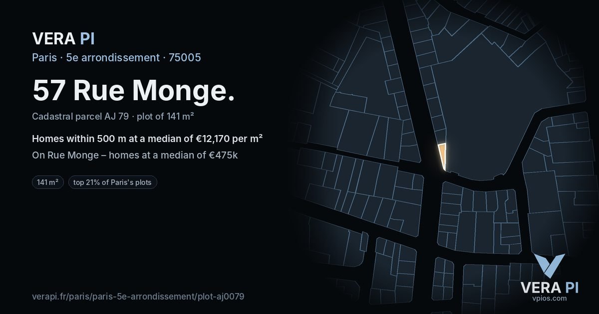 57 Rue Monge, 5e arrondissement at night – the plot lit, the parcels around coloured by the prices near them