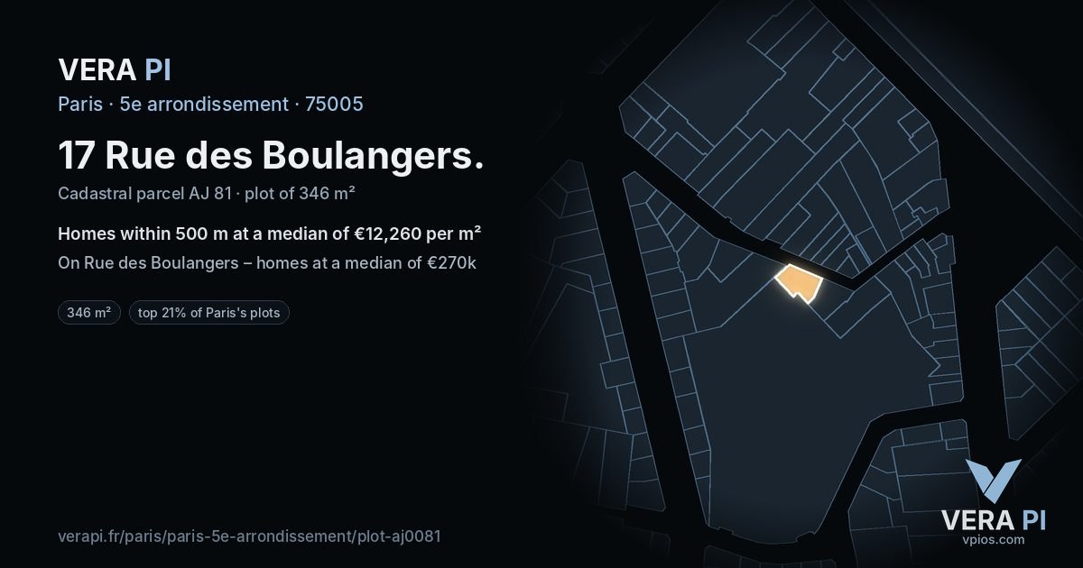 17 Rue des Boulangers, 5e arrondissement at night – the plot lit, the parcels around coloured by the prices near them