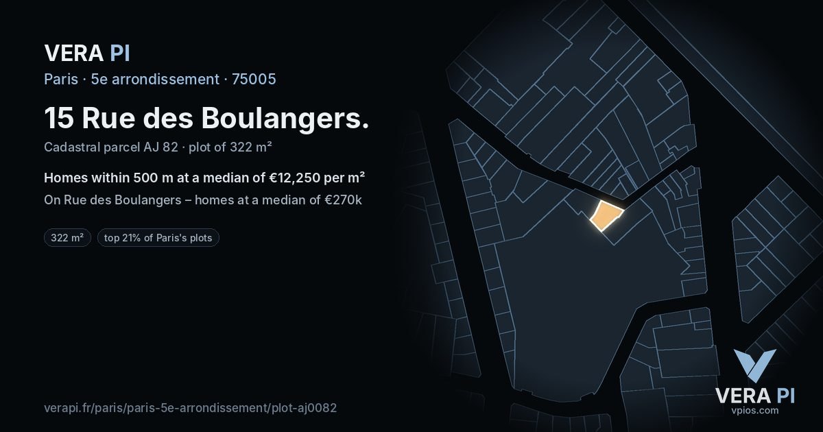15 Rue des Boulangers, 5e arrondissement at night – the plot lit, the parcels around coloured by the prices near them