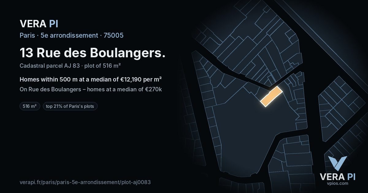 13 Rue des Boulangers, 5e arrondissement at night – the plot lit, the parcels around coloured by the prices near them