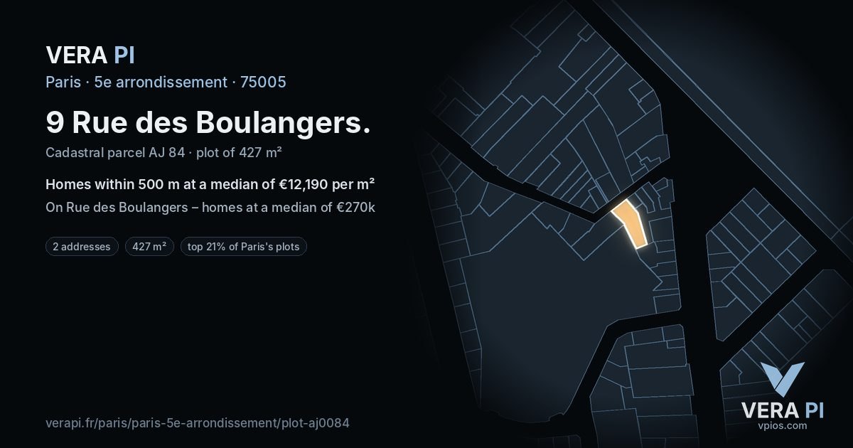9 Rue des Boulangers, 5e arrondissement at night – the plot lit, the parcels around coloured by the prices near them