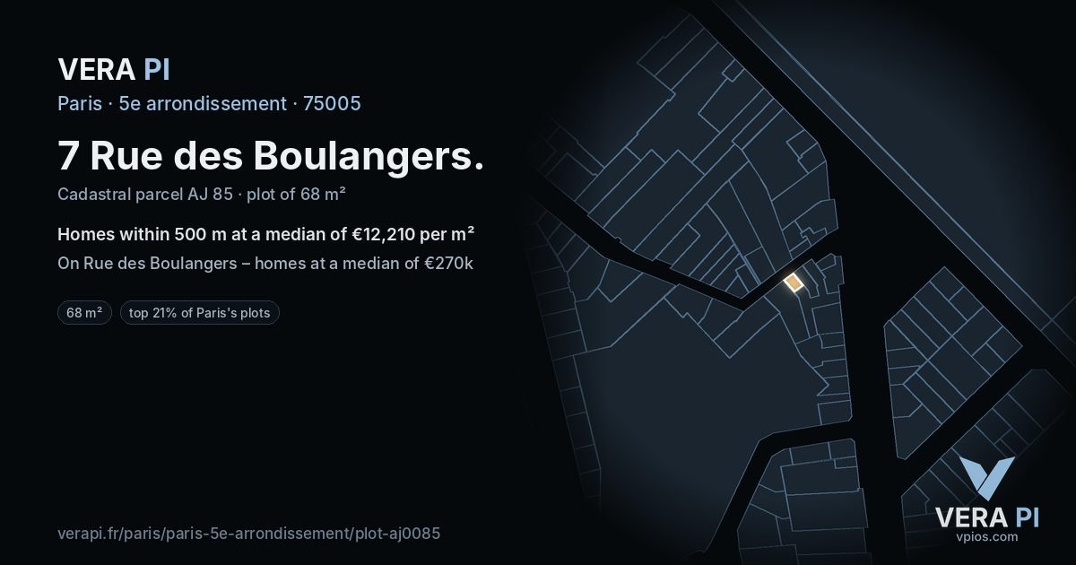 7 Rue des Boulangers, 5e arrondissement at night – the plot lit, the parcels around coloured by the prices near them