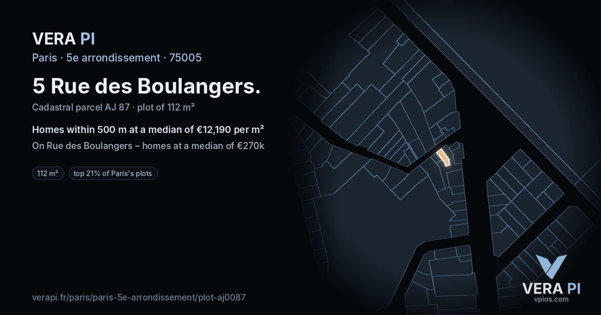 5 Rue des Boulangers, 5e arrondissement at night – the plot lit, the parcels around coloured by the prices near them