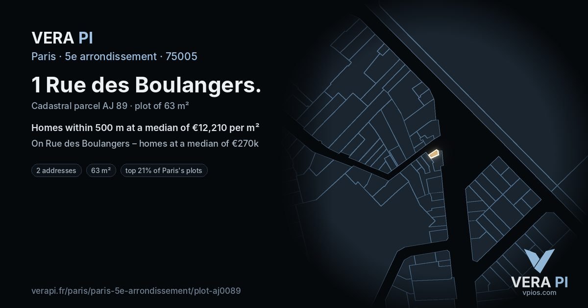 1 Rue des Boulangers, 5e arrondissement at night – the plot lit, the parcels around coloured by the prices near them