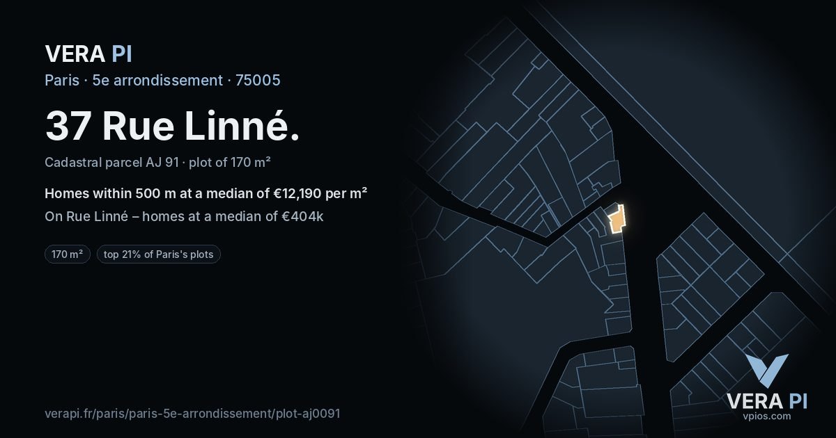 37 Rue Linné, 5e arrondissement at night – the plot lit, the parcels around coloured by the prices near them