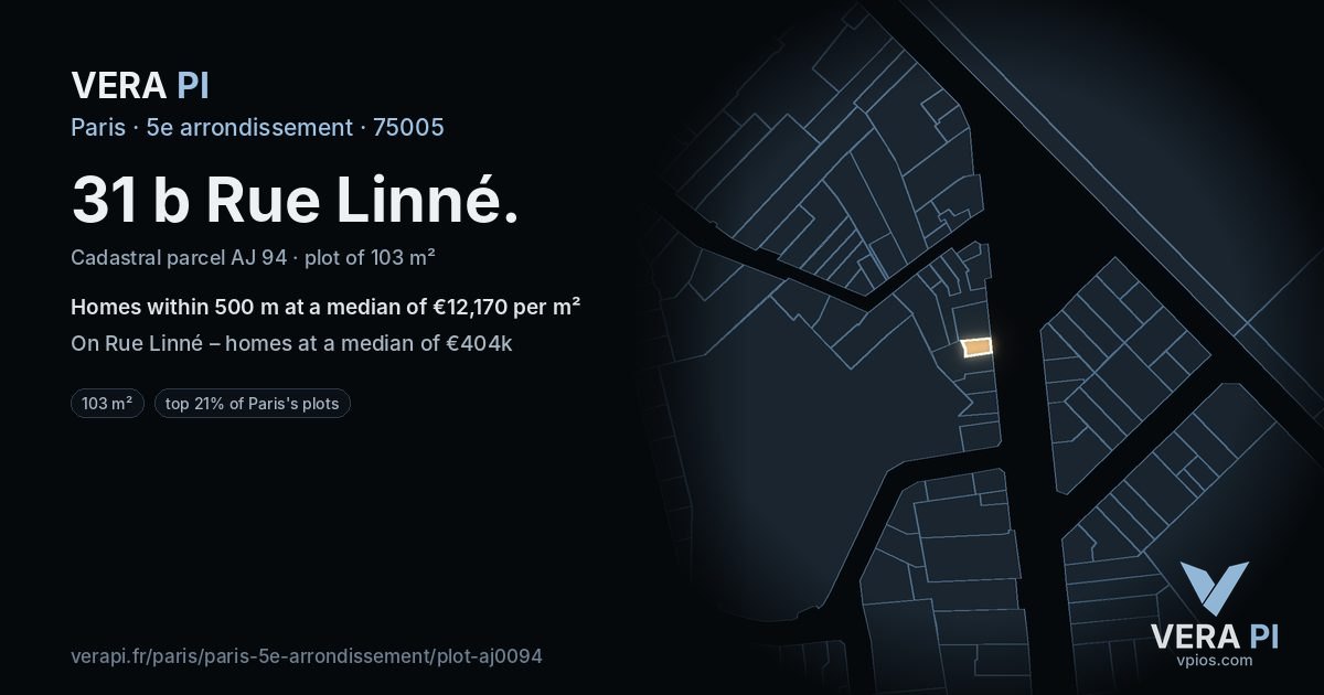 31 b Rue Linné, 5e arrondissement at night – the plot lit, the parcels around coloured by the prices near them