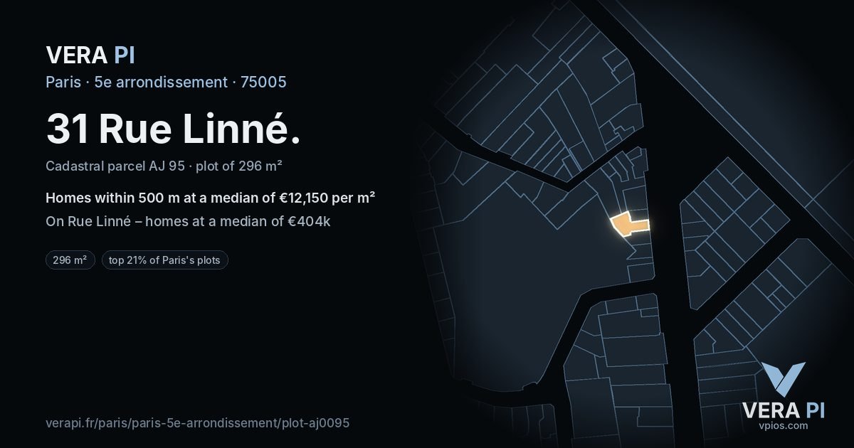 31 Rue Linné, 5e arrondissement at night – the plot lit, the parcels around coloured by the prices near them
