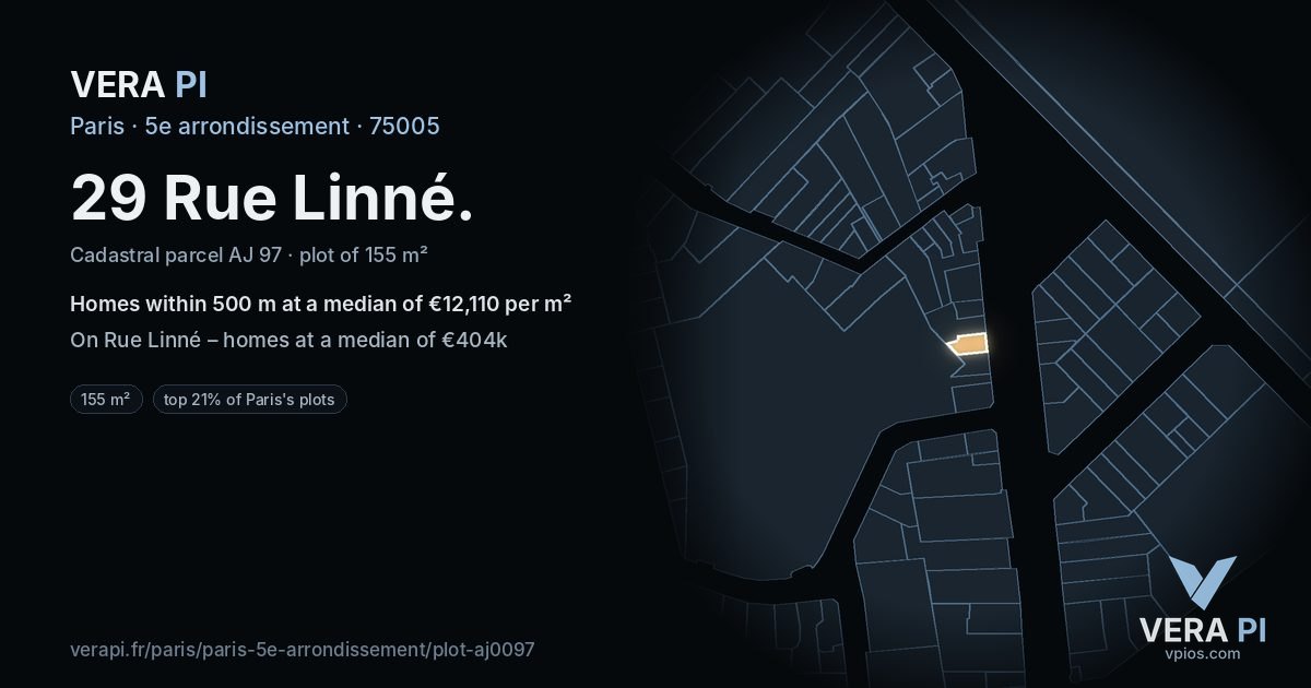 29 Rue Linné, 5e arrondissement at night – the plot lit, the parcels around coloured by the prices near them