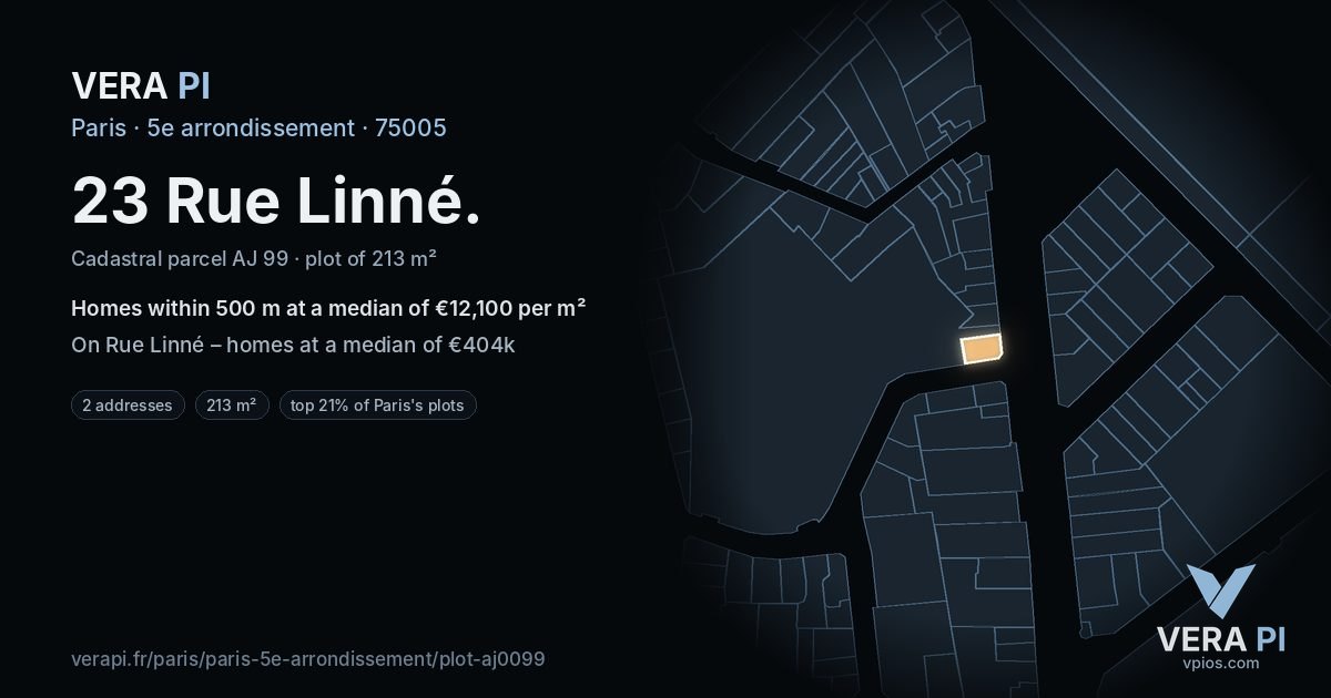 23 Rue Linné, 5e arrondissement at night – the plot lit, the parcels around coloured by the prices near them