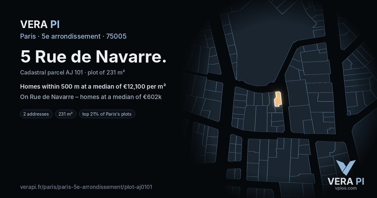 5 Rue de Navarre, 5e arrondissement at night – the plot lit, the parcels around coloured by the prices near them