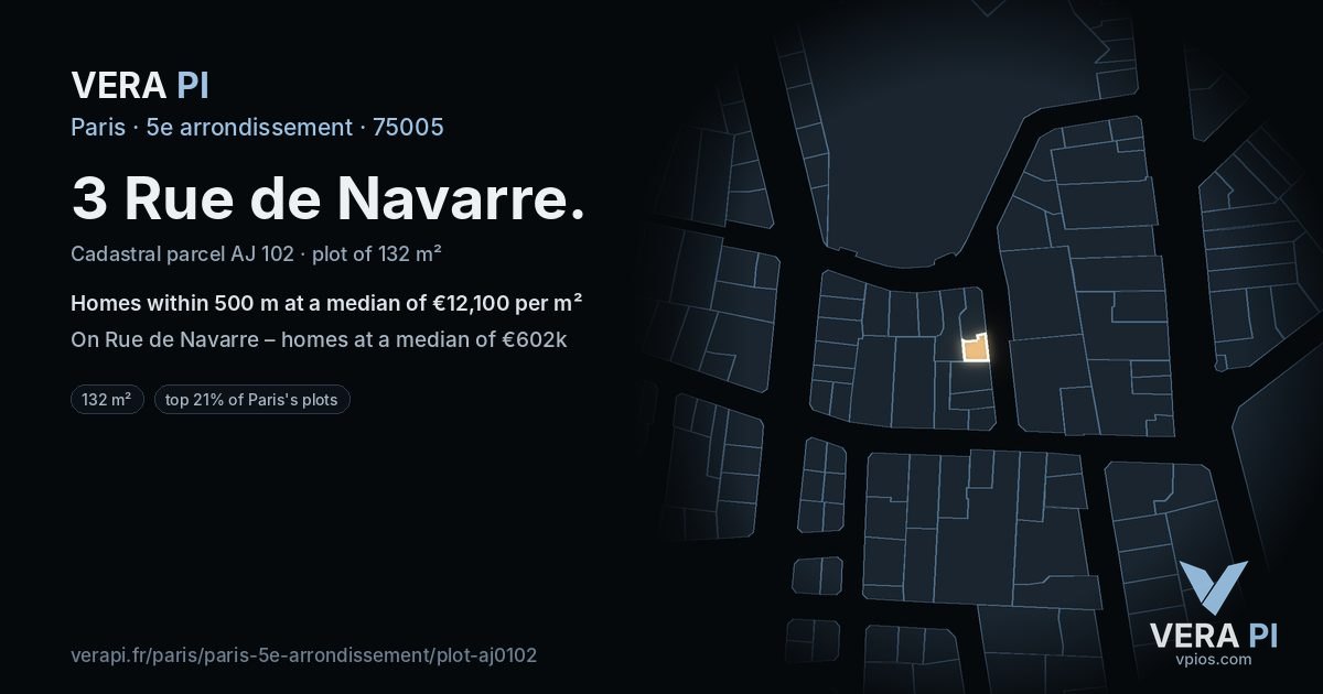 3 Rue de Navarre, 5e arrondissement at night – the plot lit, the parcels around coloured by the prices near them