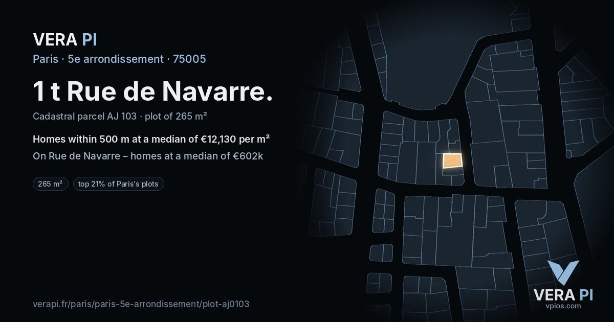 1 t Rue de Navarre, 5e arrondissement at night – the plot lit, the parcels around coloured by the prices near them