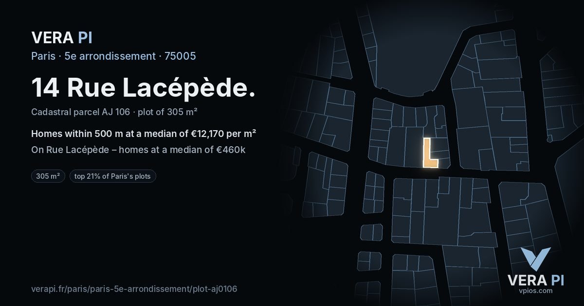 14 Rue Lacépède, 5e arrondissement at night – the plot lit, the parcels around coloured by the prices near them