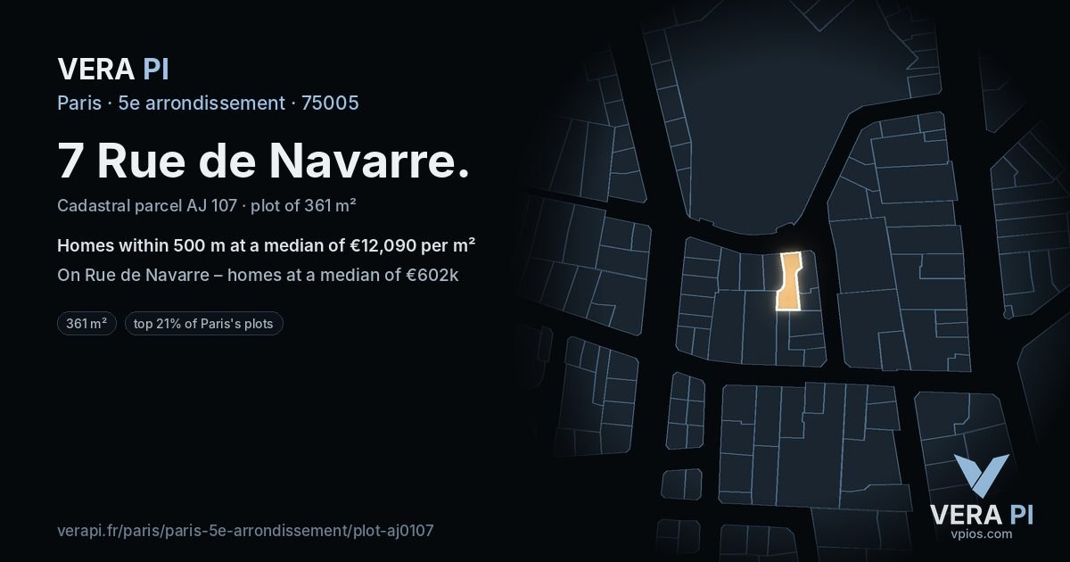 7 Rue de Navarre, 5e arrondissement at night – the plot lit, the parcels around coloured by the prices near them