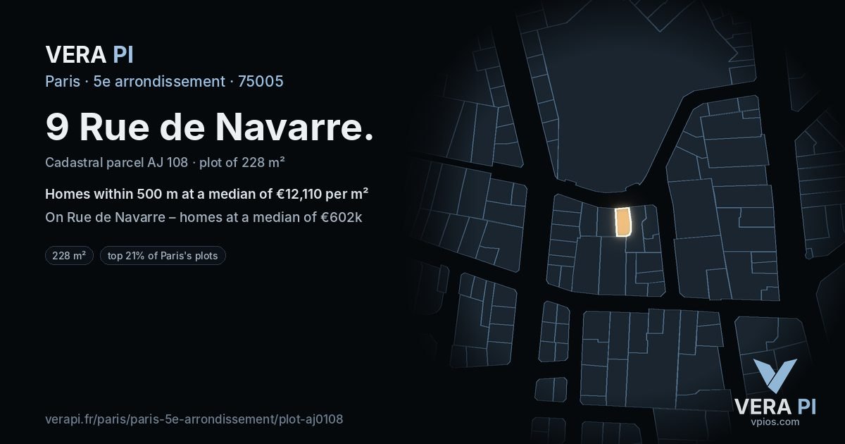 9 Rue de Navarre, 5e arrondissement at night – the plot lit, the parcels around coloured by the prices near them