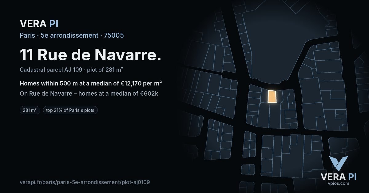 11 Rue de Navarre, 5e arrondissement at night – the plot lit, the parcels around coloured by the prices near them