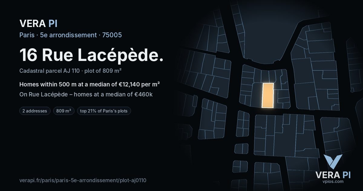 16 Rue Lacépède, 5e arrondissement at night – the plot lit, the parcels around coloured by the prices near them