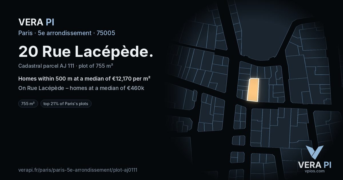 20 Rue Lacépède, 5e arrondissement at night – the plot lit, the parcels around coloured by the prices near them