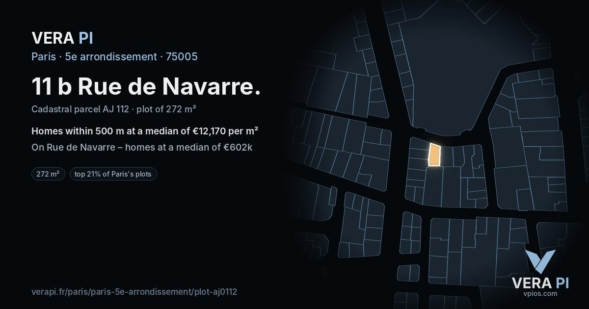 11 b Rue de Navarre, 5e arrondissement at night – the plot lit, the parcels around coloured by the prices near them