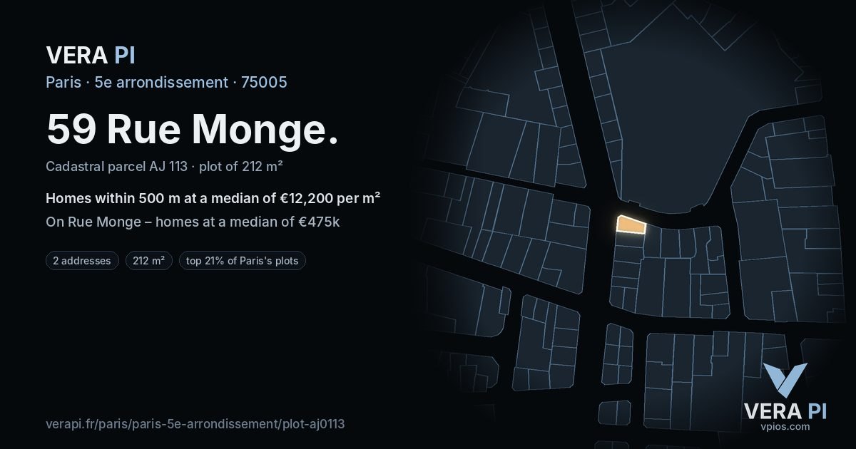 59 Rue Monge, 5e arrondissement at night – the plot lit, the parcels around coloured by the prices near them