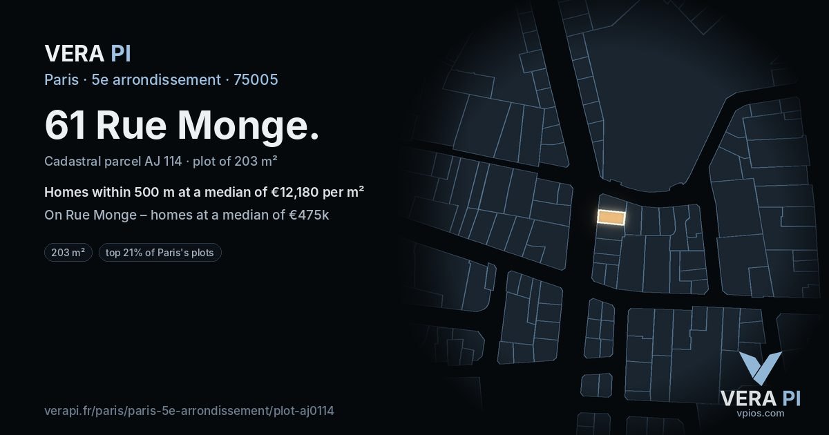 61 Rue Monge, 5e arrondissement at night – the plot lit, the parcels around coloured by the prices near them