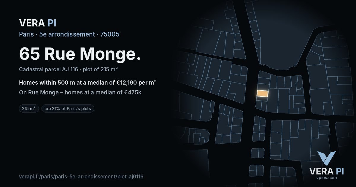 65 Rue Monge, 5e arrondissement at night – the plot lit, the parcels around coloured by the prices near them