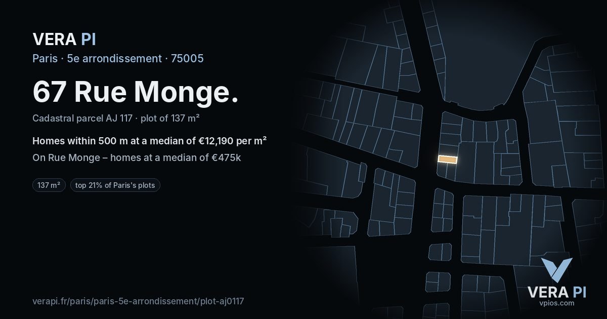 67 Rue Monge, 5e arrondissement at night – the plot lit, the parcels around coloured by the prices near them