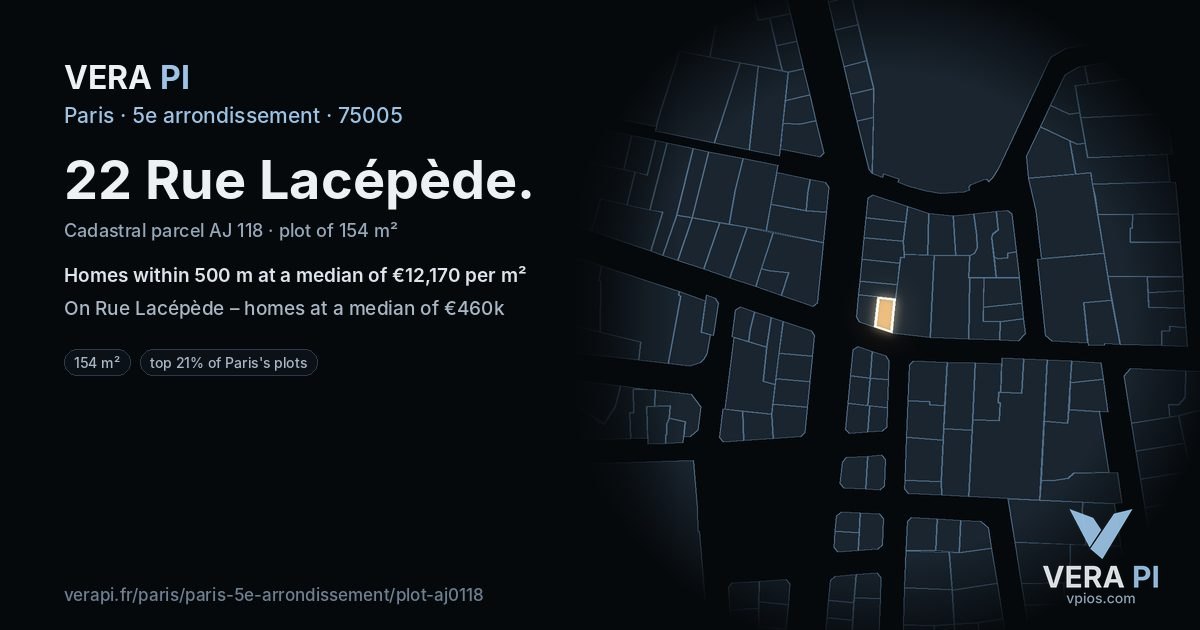 22 Rue Lacépède, 5e arrondissement at night – the plot lit, the parcels around coloured by the prices near them