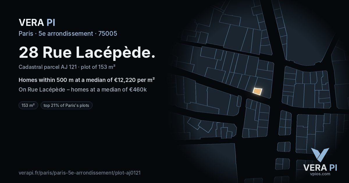 28 Rue Lacépède, 5e arrondissement at night – the plot lit, the parcels around coloured by the prices near them
