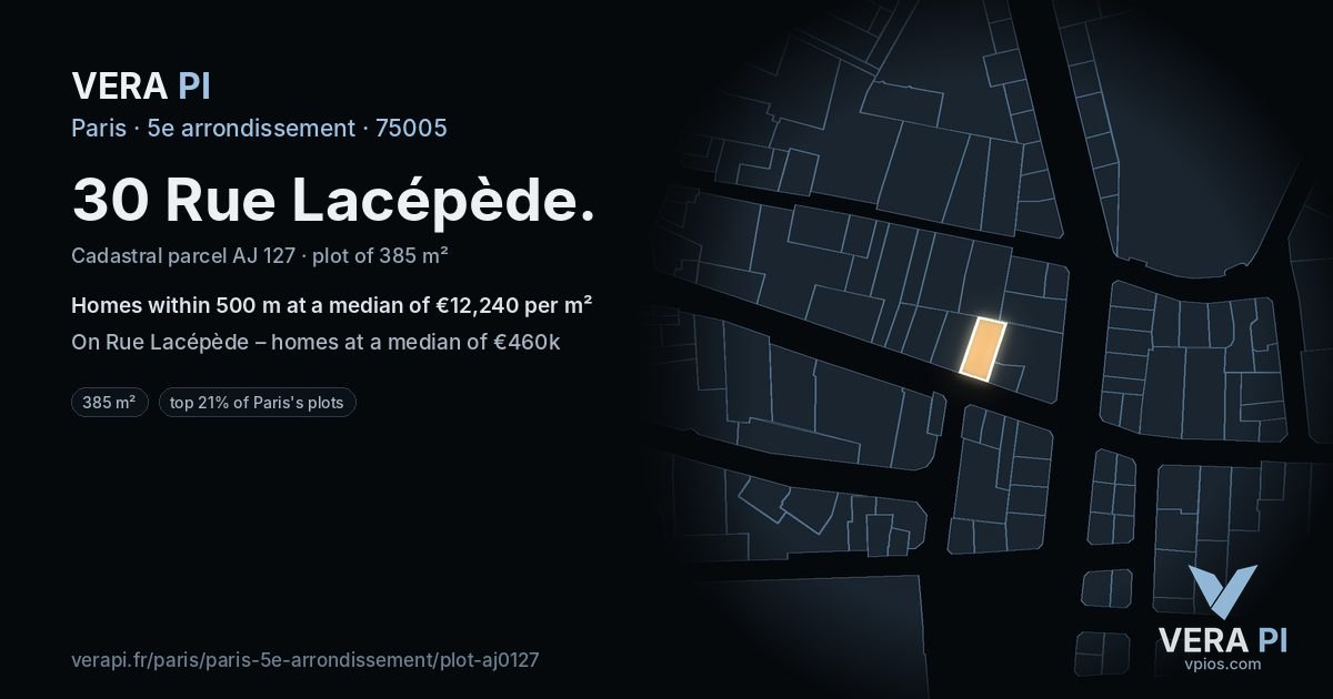 30 Rue Lacépède, 5e arrondissement at night – the plot lit, the parcels around coloured by the prices near them