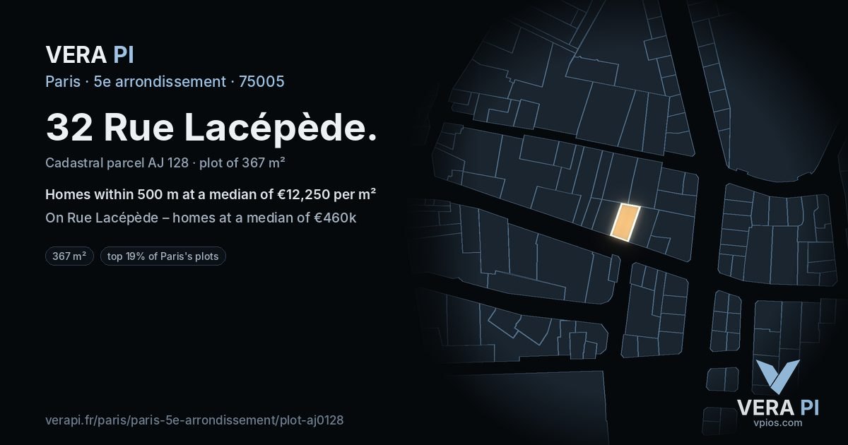 32 Rue Lacépède, 5e arrondissement at night – the plot lit, the parcels around coloured by the prices near them
