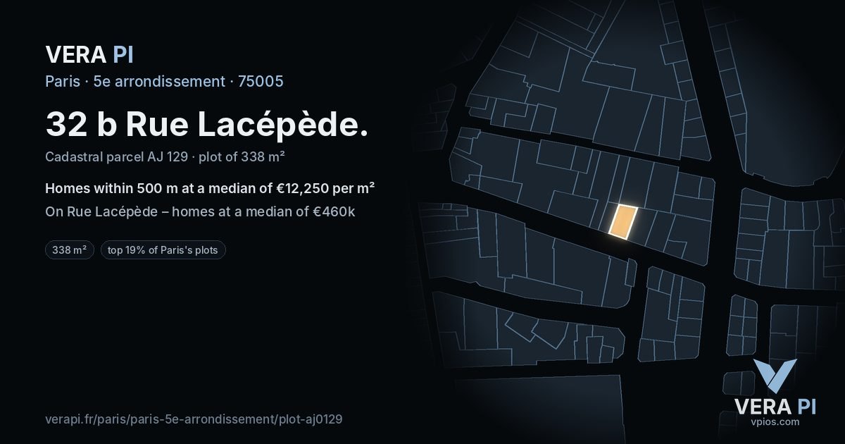 32 b Rue Lacépède, 5e arrondissement at night – the plot lit, the parcels around coloured by the prices near them