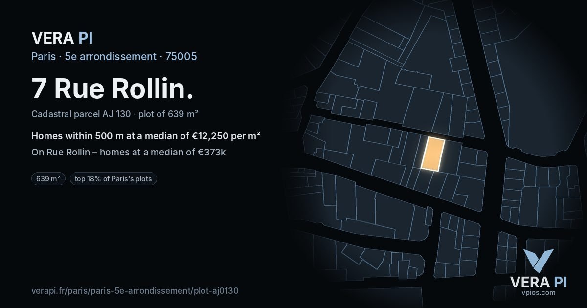 7 Rue Rollin, 5e arrondissement at night – the plot lit, the parcels around coloured by the prices near them