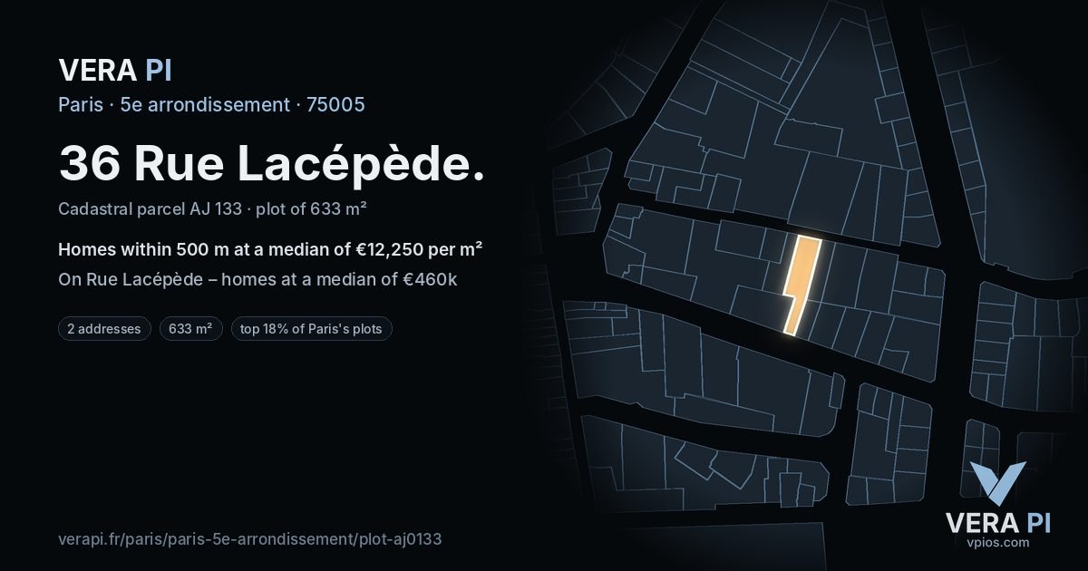 36 Rue Lacépède, 5e arrondissement at night – the plot lit, the parcels around coloured by the prices near them