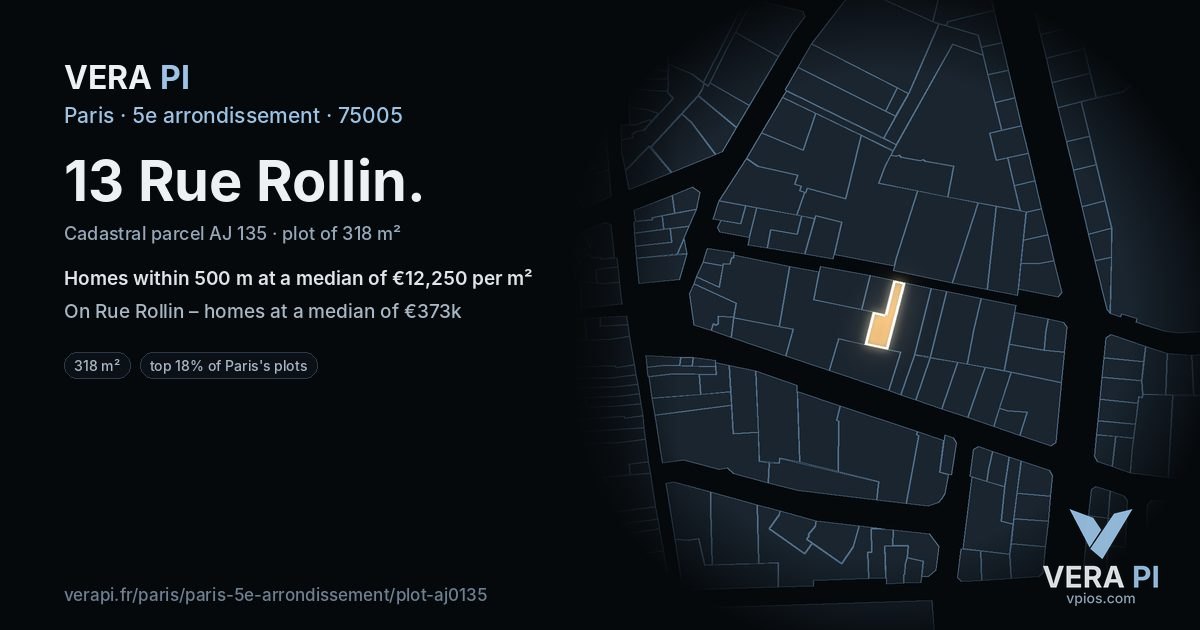 13 Rue Rollin, 5e arrondissement at night – the plot lit, the parcels around coloured by the prices near them